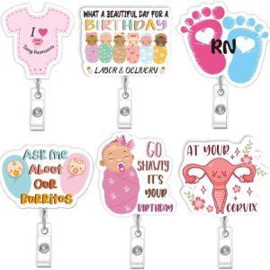 6 Pcs Labor and Delivery Badge Reels, Tiny Humans RN Baby Footprint Cute NICU Badge Holder Retractable Clip, Gifts for Nurse Healthcare Worker